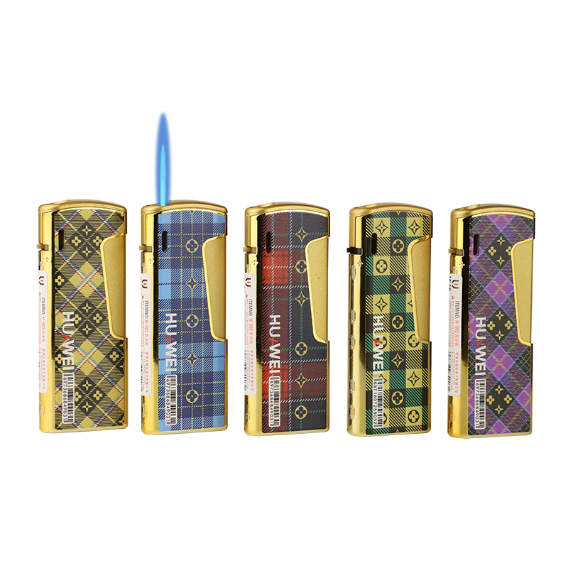 JH903 Business gold check blue flame straight punch lighter